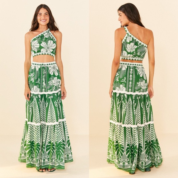 FARM Rio Macaw Elegance Off-white Maxi Skirt SET with crop top Medium NWT!